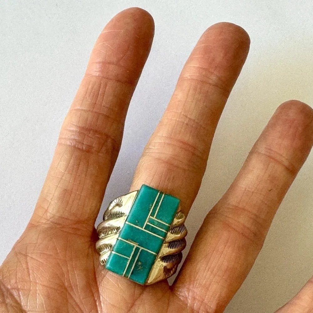 Bigger Turquoise Inlay Mens Ring Sz 12 Signed PLL Lincoln Navajo Sterling Signed